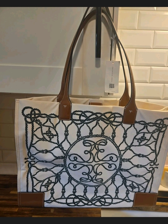 Tory Burch Handbags - Tory Burch White Canvas Tote with Brown Leather Trim and Black Rope Pattern